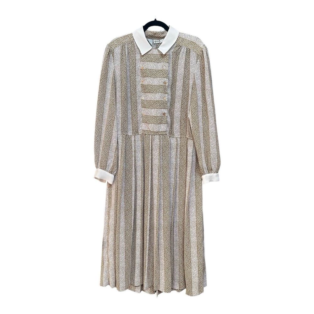 Vintage 80s B.G.B. LTD Brown White Geo Stripe Midi Secretary Shirt Dress Large